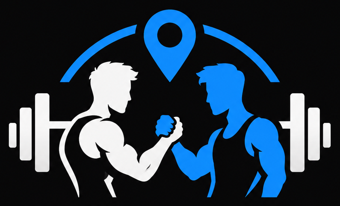 Deux athlètes en bras de fer entre deux barres de musculation, sous un repère de localisation